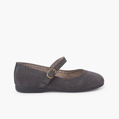 Suede Mary Janes with fine buckle and punctured design Grey