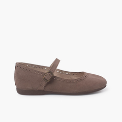 Suede Mary Janes with fine buckle and punctured design Taupe