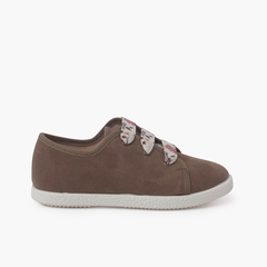 Suede Trainers With Flowered Laces Taupe