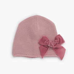 Winter beanie with velvet side bow Pale Pink