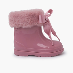 Satin bow and fur collar wellies Pink