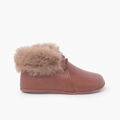 Baby Booties with laces and furry collar Leather