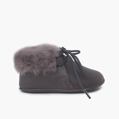 Baby Booties with laces and furry collar Grey