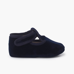Velvet baby T-bar shoes adhesive fastening Navy Blue