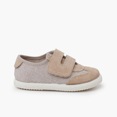 Linen and suede trainers wide adherent fastenings Sand