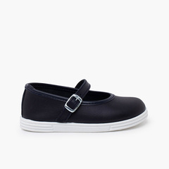 Washable leather buckle Mary Janes Navy Blue