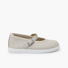 Washable leather buckle Mary Janes Beige