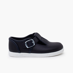 Washable leather T-bar shoes with buckle Navy Blue