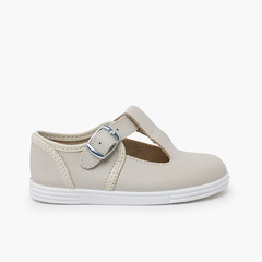 Washable leather T-bar shoes with buckle Beige