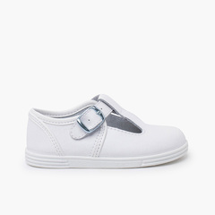 Washable leather T-bar shoes with buckle White