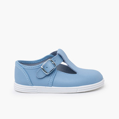 Washable leather T-bar shoes with buckle Sky Blue