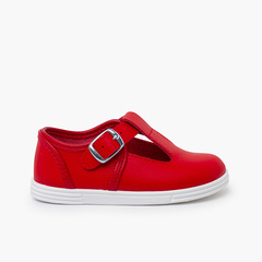 Washable leather T-bar shoes with buckle Red