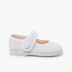 Linen Mary Janes button detail White