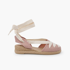 Goyesque linen espadrilles ecru ribbons and wedge Pale Pink