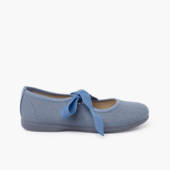 Linen Mary Janes with faille bow fastening Blue