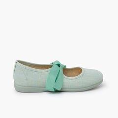 Linen Mary Janes with faille bow fastening Mint