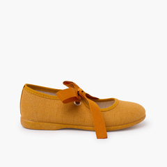 Linen Mary Janes with faille bow fastening Mustard