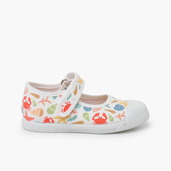 Printed Mary Janes rubber toe cap hook-and-loop closure Stars and Corals