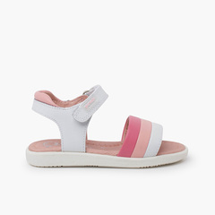 Girl's leather sandals tricolour stripes Pink