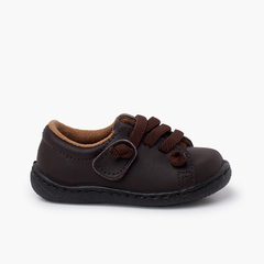 Washable leather trainers elastic laces Brown