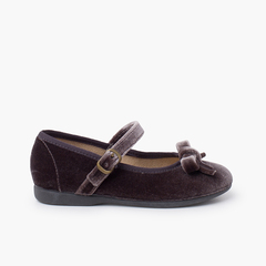 Velvet mary janes girls with bow Grey