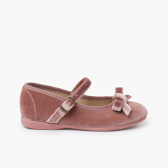 Velvet mary janes girls with bow Blush pink