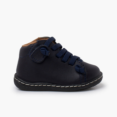 Washable leather children's Boots elastic laces Navy Blue