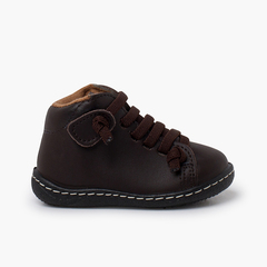 Washable leather children's Boots elastic laces Brown