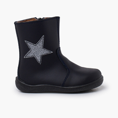 Washable Leather Star Boots for Girls Navy Blue