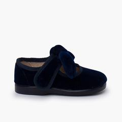 Velvet bow hook-and-loop fastening mary janes for girls Navy Blue