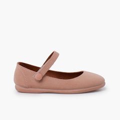 Suede mary janes girls button strap Dusty Pink