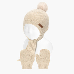 Tweed baby bonnet and mittens set Beige