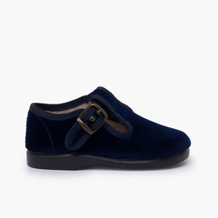 Velvet buckle T-bar shoes Navy Blue