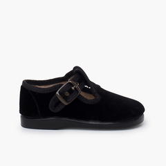 Velvet buckle T-bar shoes Black