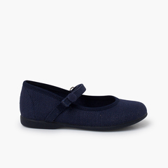 Linen mary janes hook-and-loop strap and button Navy Blue