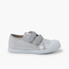 Soft glittery sneakers double hook-and-loop strap Silver