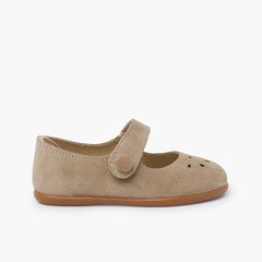 Perforated mary janes hook-and-loop closure button Beige