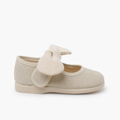 Linen mary janes with bow and hook-and-loop closure Off-White
