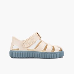 Ivory jelly sandals with colour trainers-style sole Blue