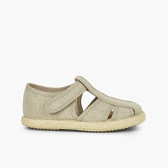 Canvas and Jute T-bar Sandals with Openings Off-White