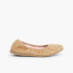 Suede Ballet Pumps With Elastic And Star Punch Hole Detail  Beige