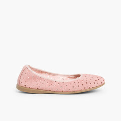 Suede Ballet Pumps With Elastic And Star Punch Hole Detail  Pale Pink