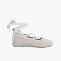 Suede Effect Ballet Pumps With Bows Pearl Grey