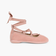 Suede Effect Ballet Pumps With Bows Pale Pink