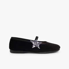 Ballerina shoes with Glitter Stars and Elasticated Strap Black