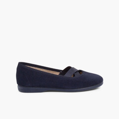 Girls Ballet Pumps with Crossed Ribbon Navy Blue