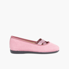 Girls Ballet Pumps with Crossed Ribbon Pink