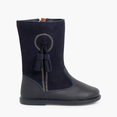 Girls Suede and Leather Tassel Boots Navy Blue