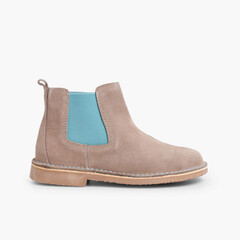 Suede Chelsea Boots with Coloured Elastic  Grey and Sky Blue
