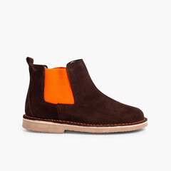 Suede Chelsea Boots with Coloured Elastic  Brown and Orange